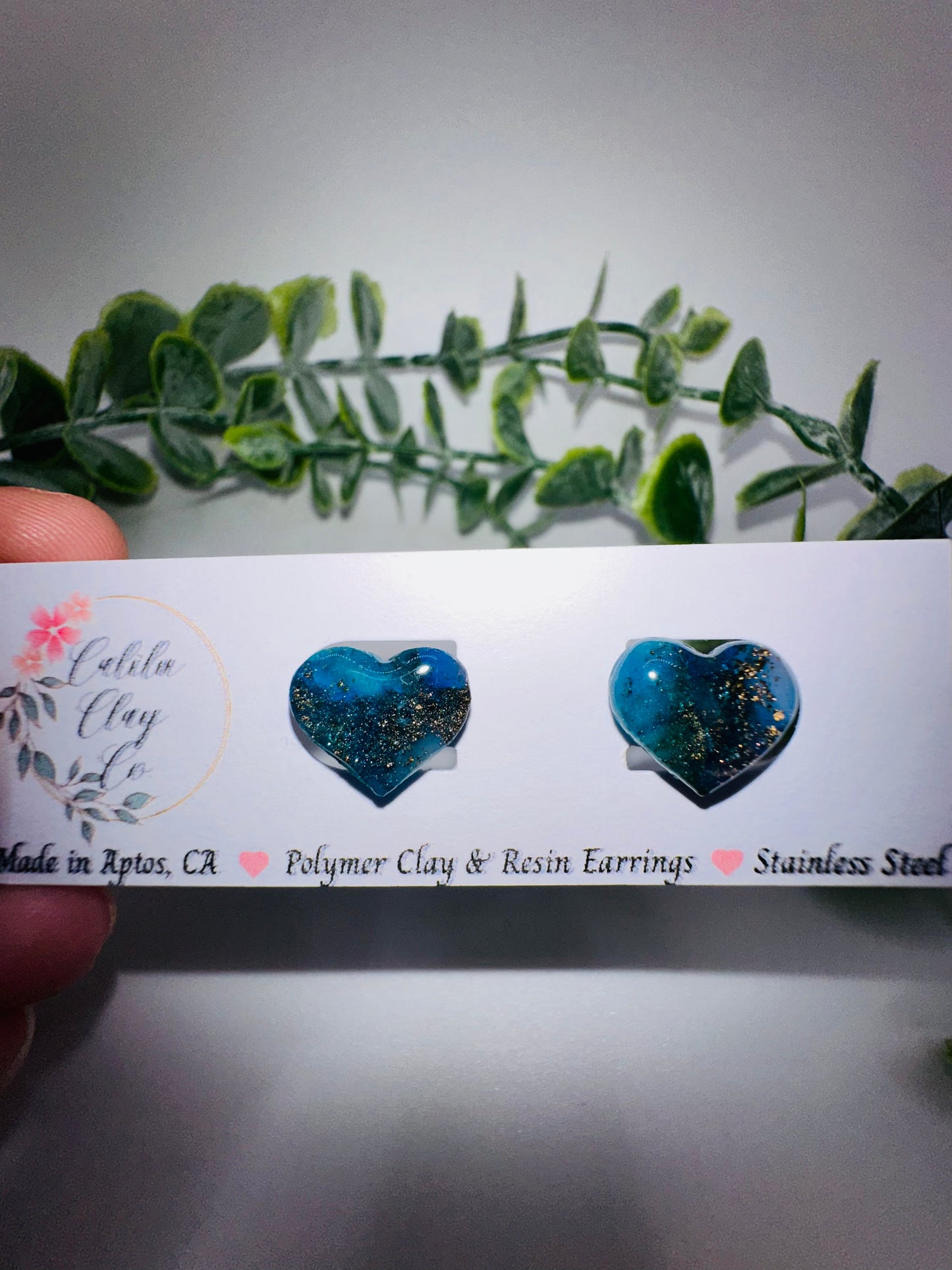 Sparkly Blue and Gold Heart Studs / Post Earrings