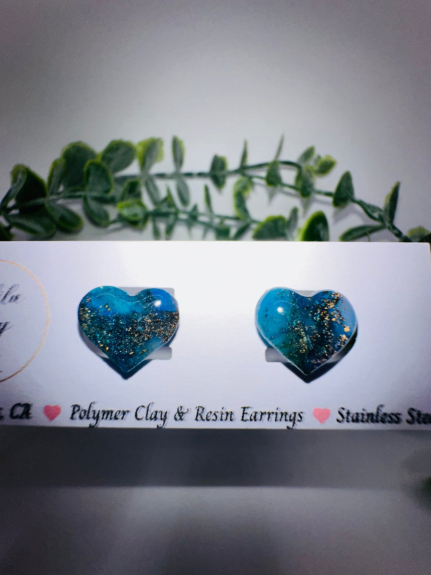 Sparkly Blue and Gold Heart Studs / Post Earrings
