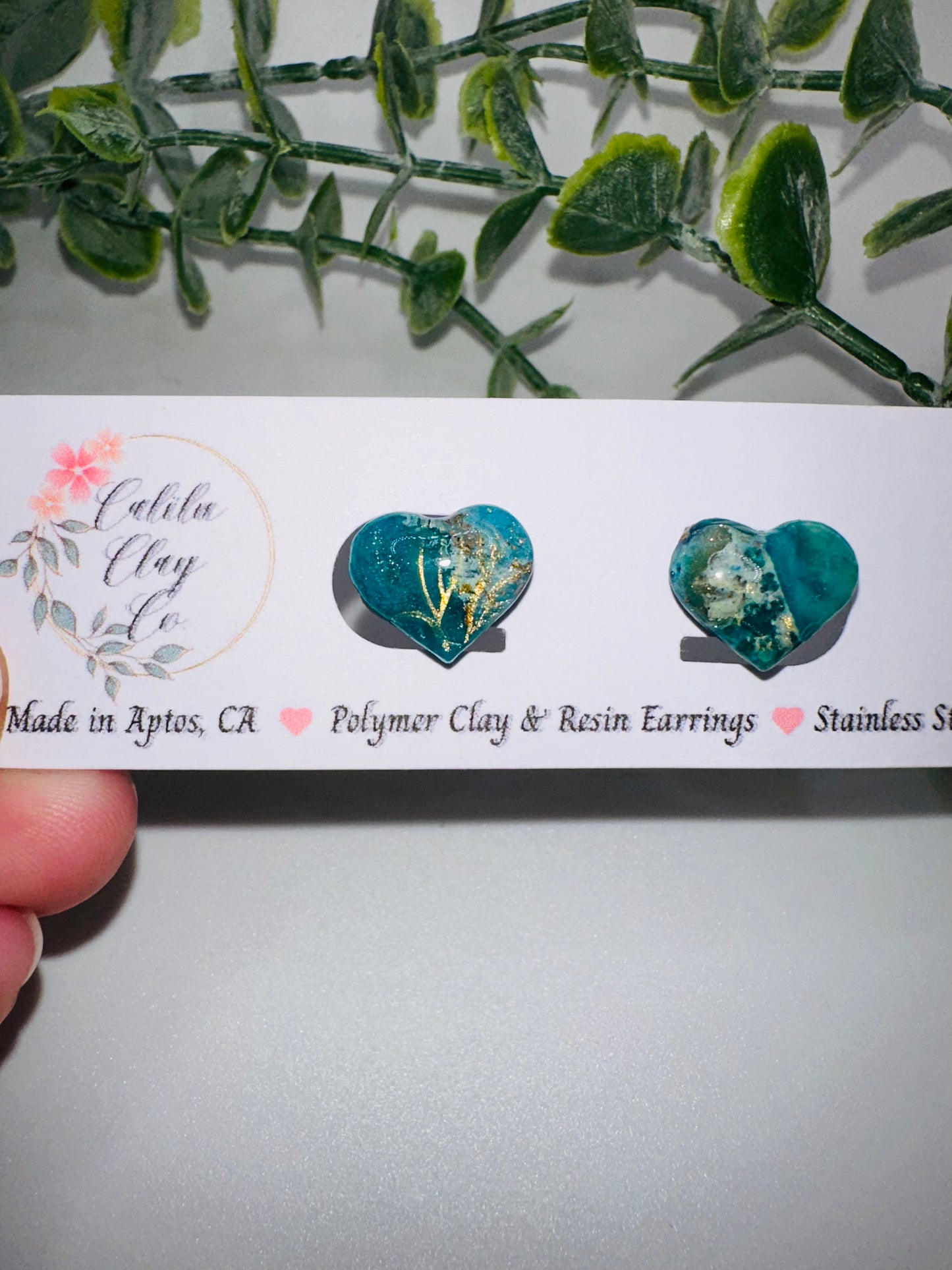 Marbled Teal Ocean Heart Studs