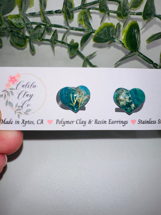 Marbled Teal Ocean Heart Studs