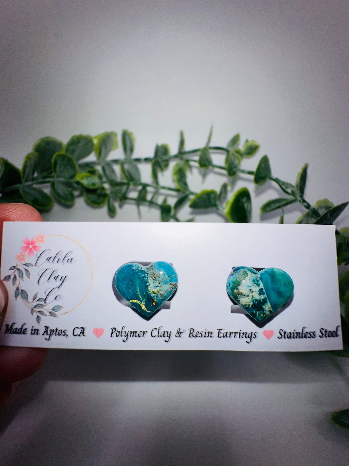 Marbled Teal Ocean Heart Studs
