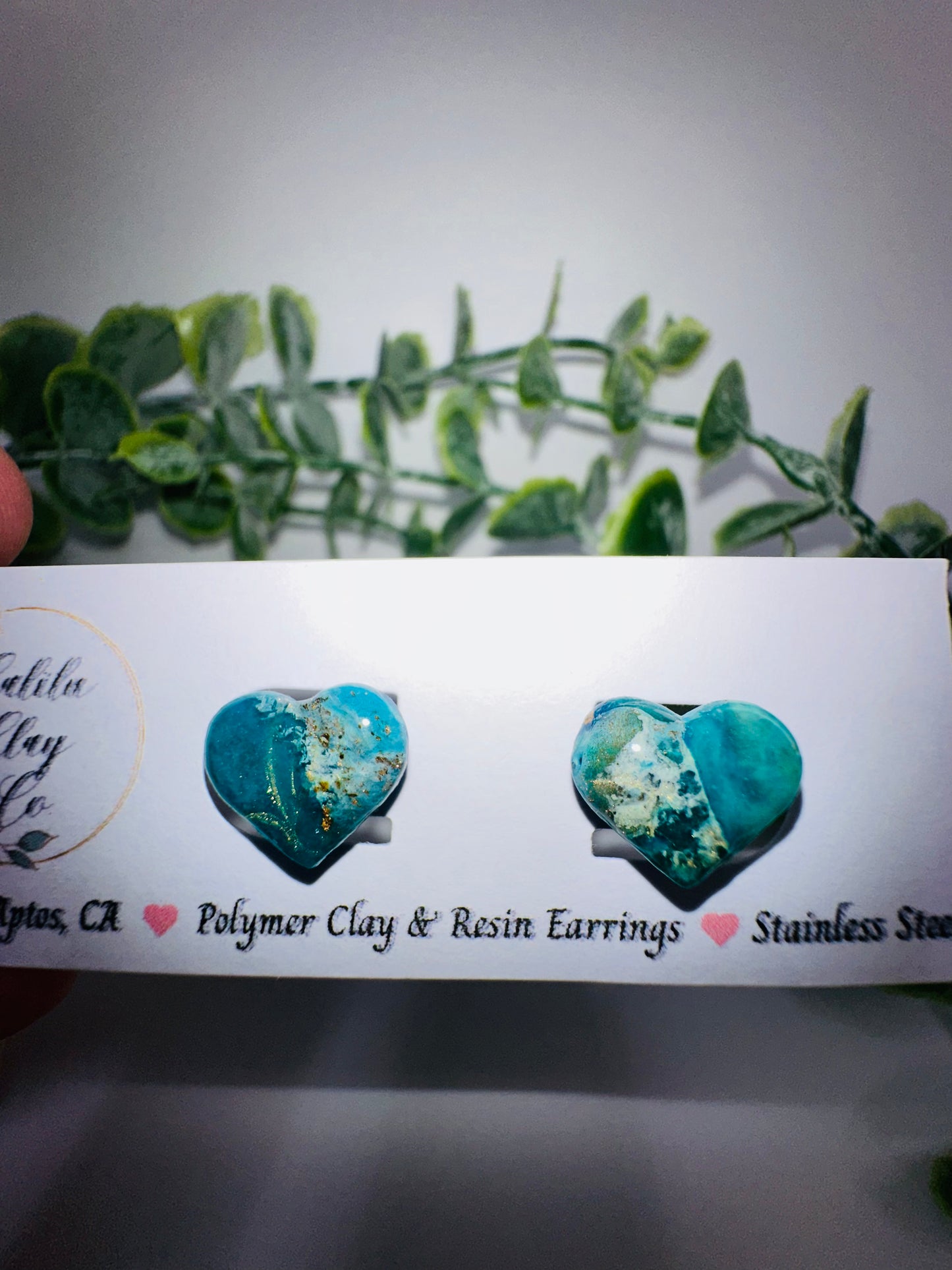 Marbled Teal Ocean Heart Studs