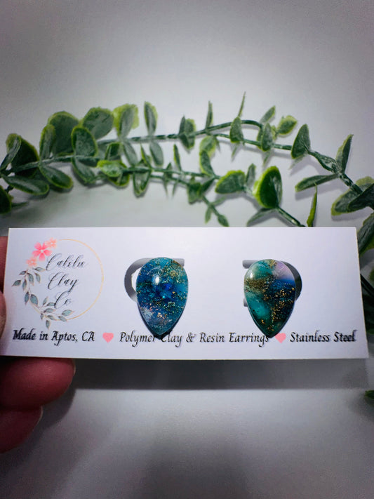 Sparkly Blue and Gold Iridescent Drop Studs / Post Earrings