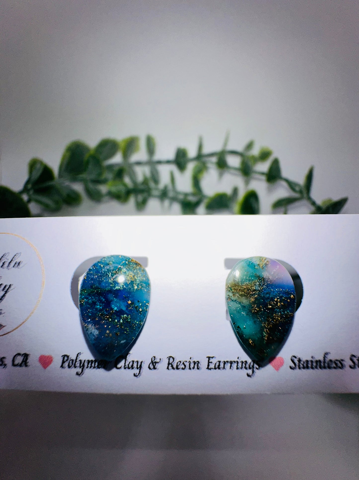 Sparkly Blue and Gold Iridescent Drop Studs / Post Earrings