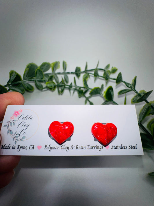 Sparkly Red Heart Studs / Post Earrings