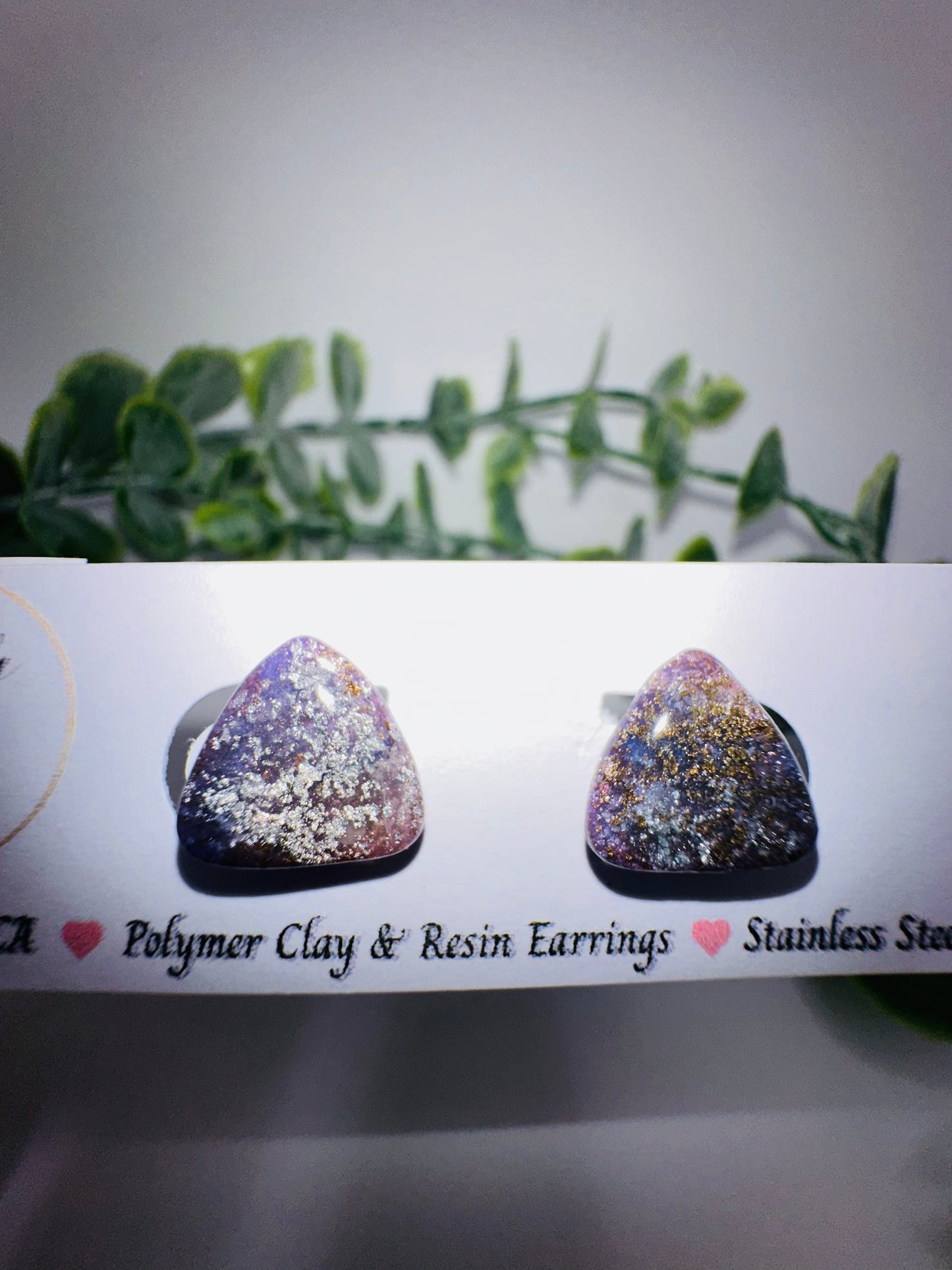 Sparkly Purple and Gold Triangle Studs / Post Earrings