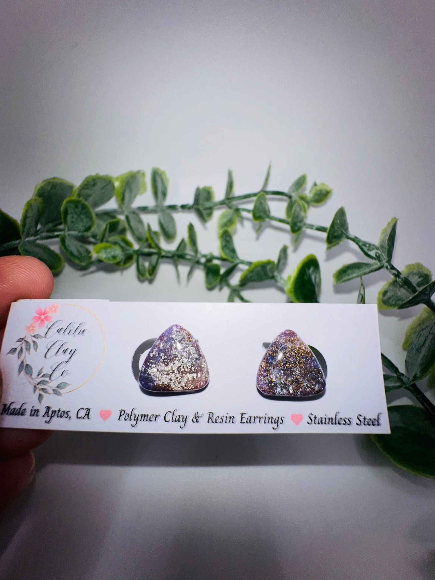 Sparkly Purple and Gold Triangle Studs / Post Earrings