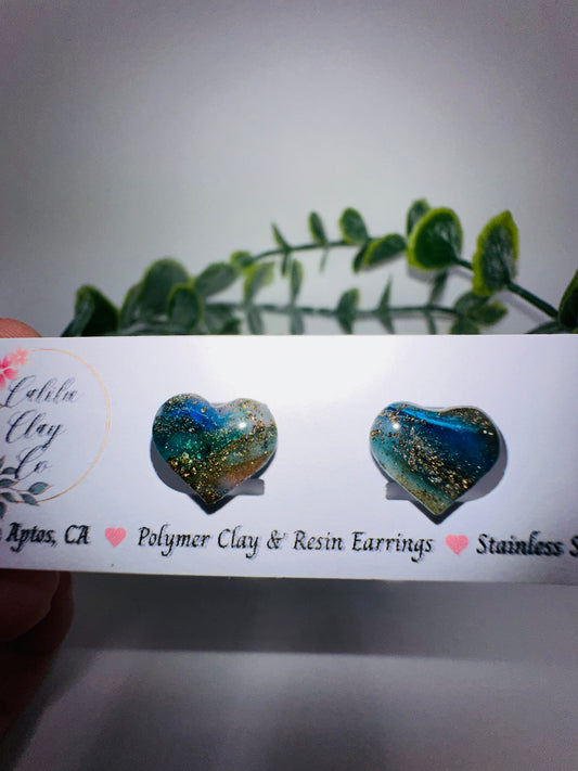 Sparkly Blue and Gold Iridescent Heart Studs / Post Earrings