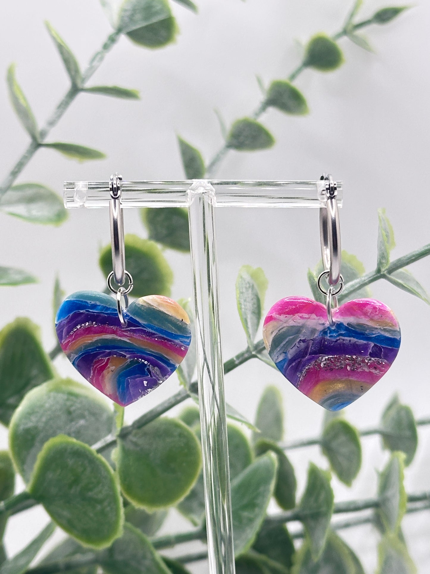 Rainbow Marbled Heart Dangles Earrings