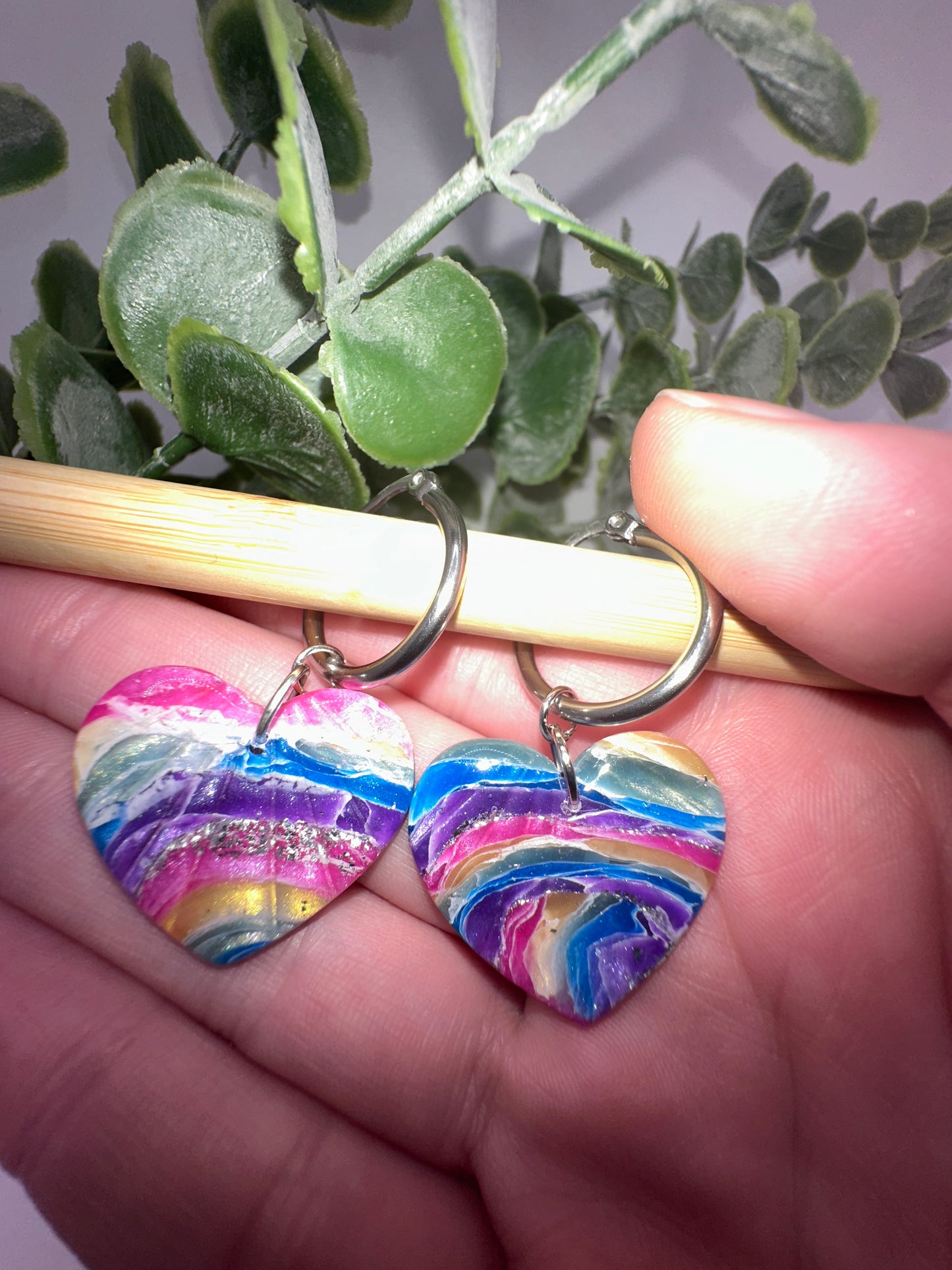 Rainbow Marbled Heart Dangles Earrings