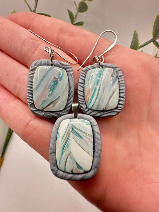 Pastel Abstract Marbled Rectangular Drop Dangles Earrings & Necklace Set