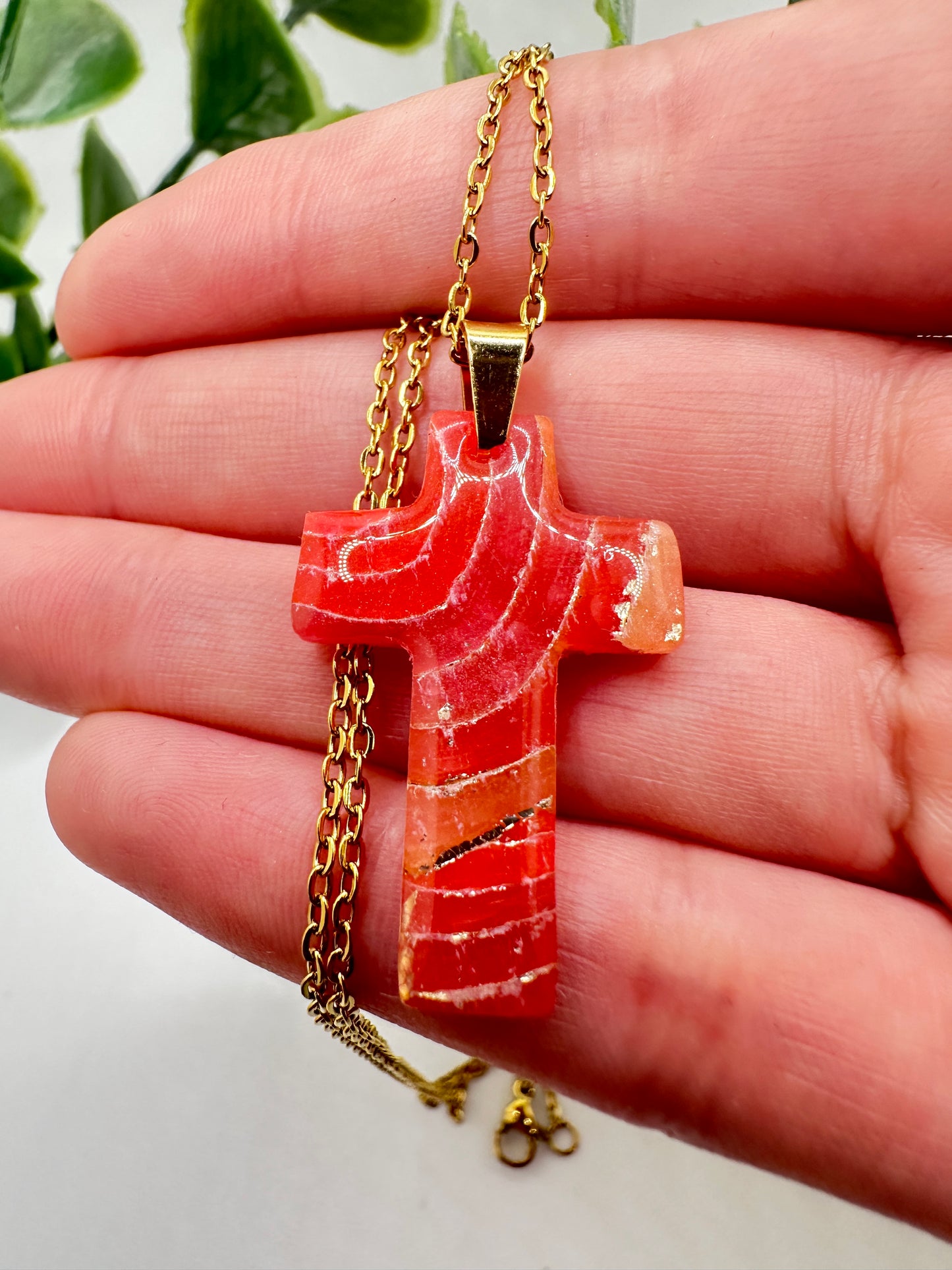 Coral Marbled Cross Necklace