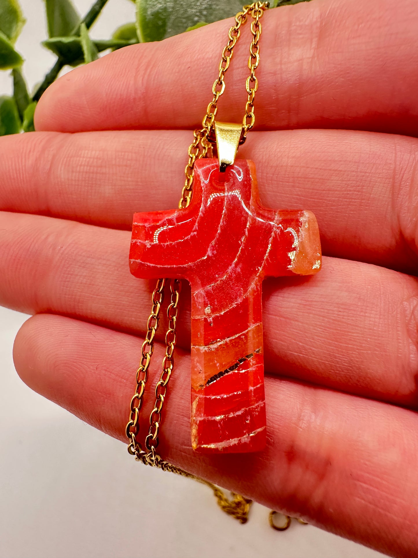 Coral Marbled Cross Necklace