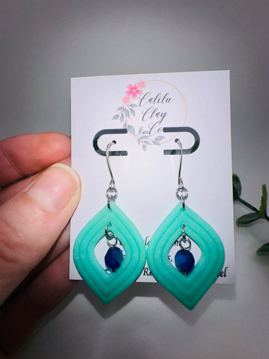 Jade Rounded Diamond Hoop Dangles with Cobalt Czech Glass Beads Dangles