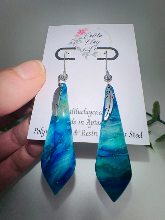 Marbled Ocean with Stainless Steel Feathers Dangle Earrings
