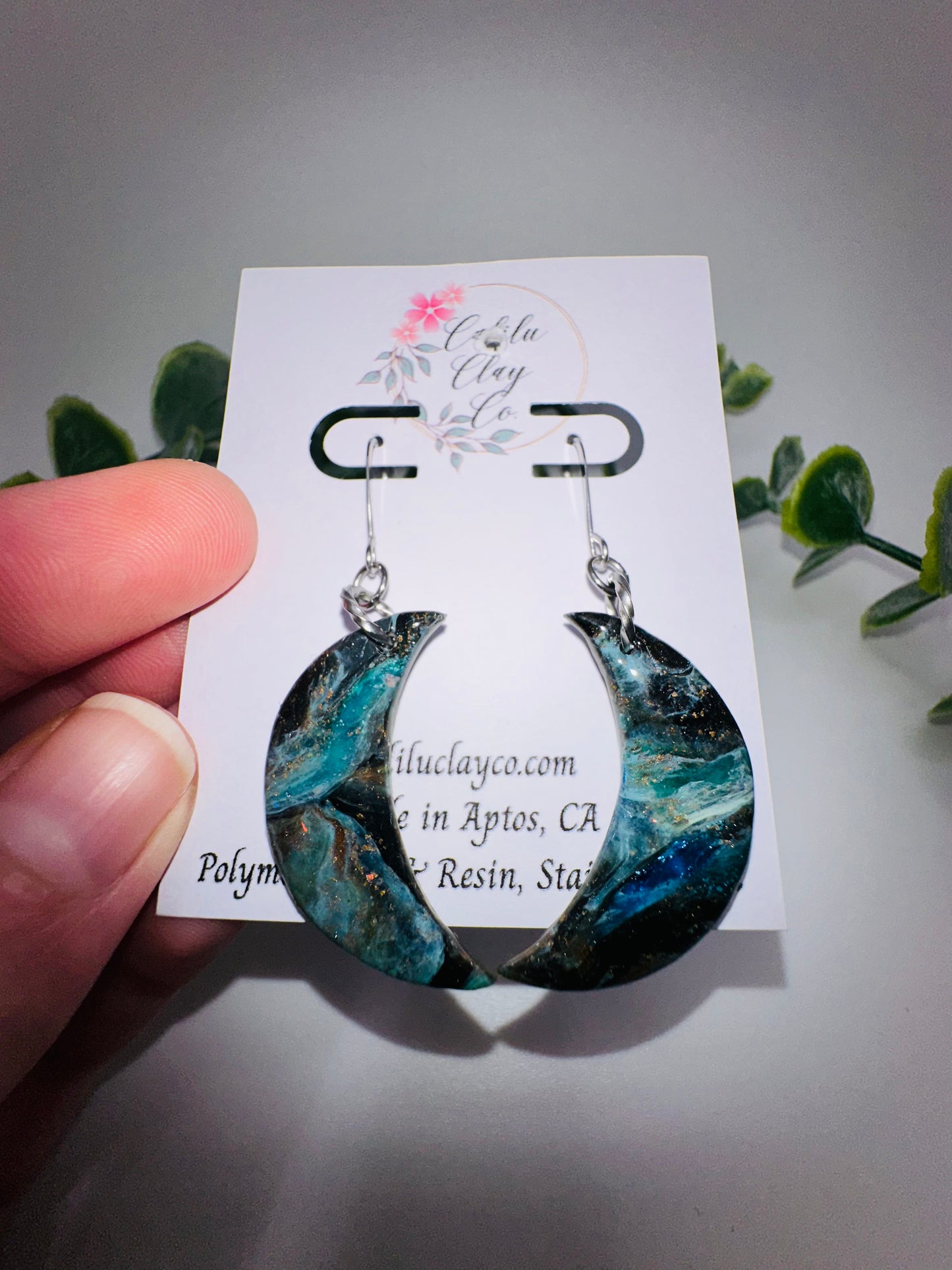 Celestial Teal Ocean Waves on the Rocks Dangle Earrings