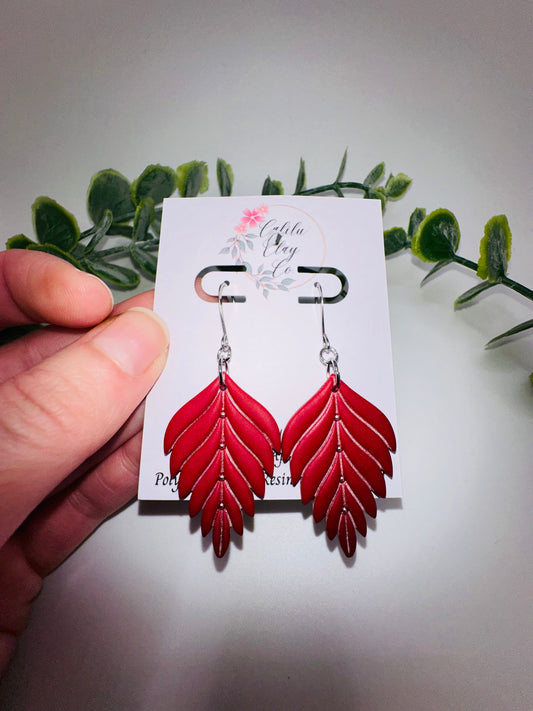 Red Elegant Leaf Dangles Earrings with Stainless Steel Accents