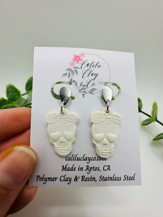 White Candy Skull Post Dangles 1IN - Can be Painted!!