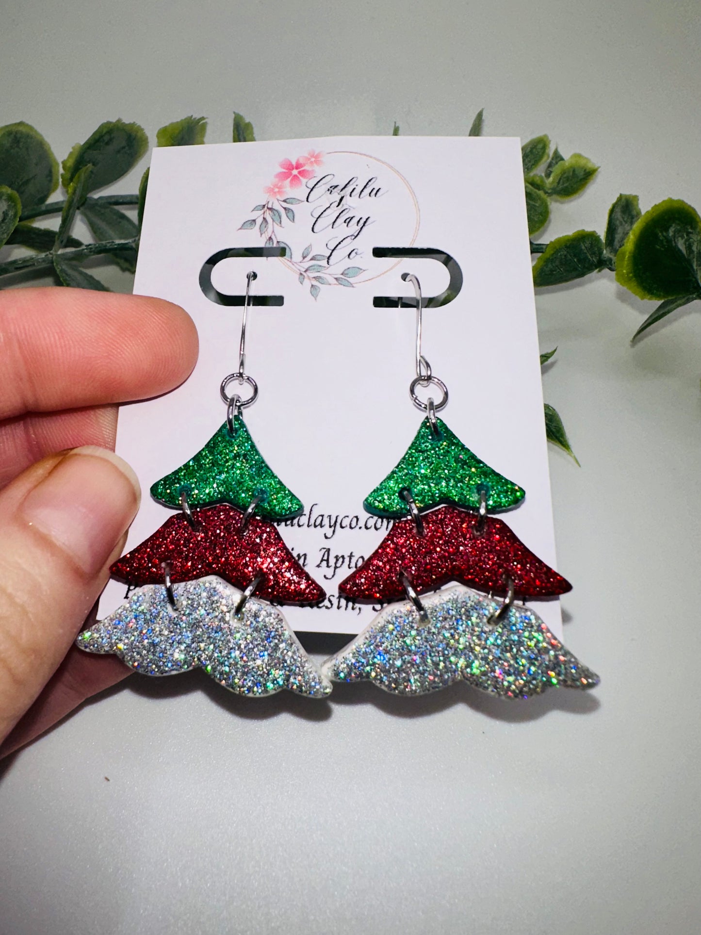 Green, Red, White Glitter Layered Christmas Tree Dangles Earrings