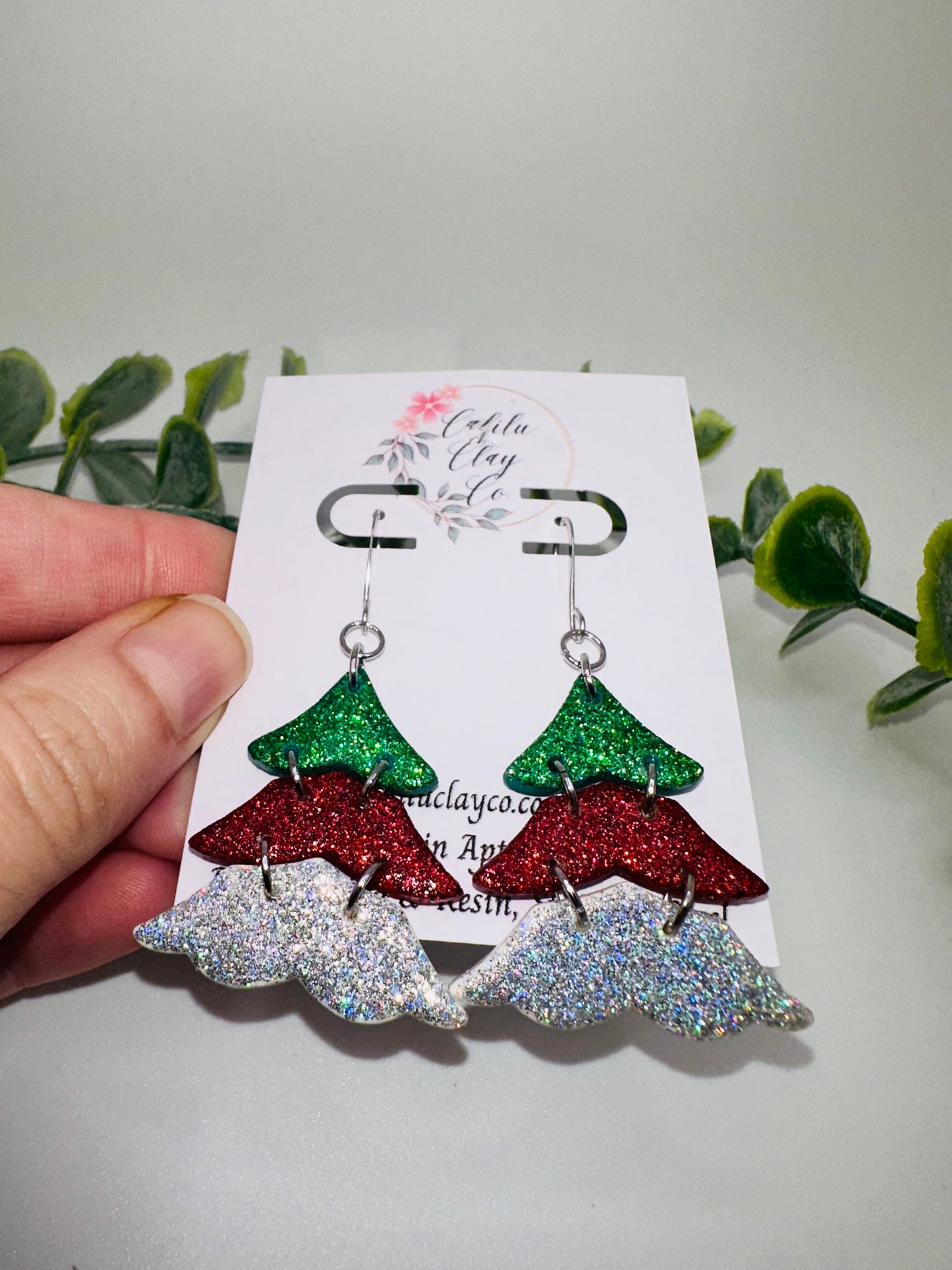 Green, Red, White Glitter Layered Christmas Tree Dangles Earrings