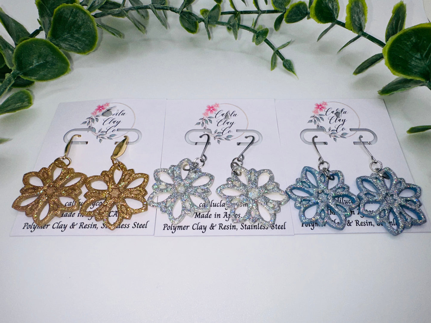 Holographic Sparkly Gold Flower Snowflake Dangles