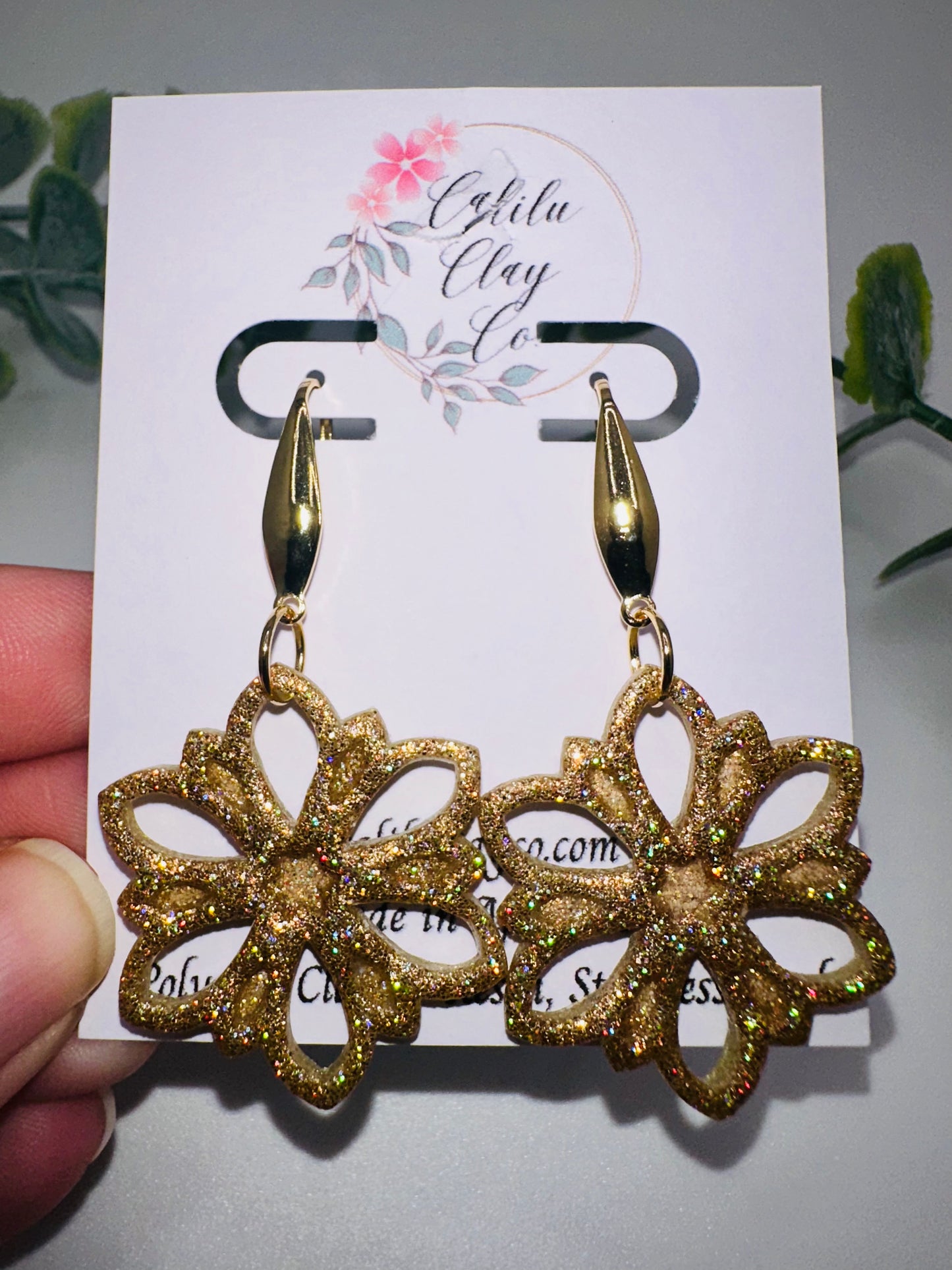 Holographic Sparkly Gold Flower Snowflake Dangles