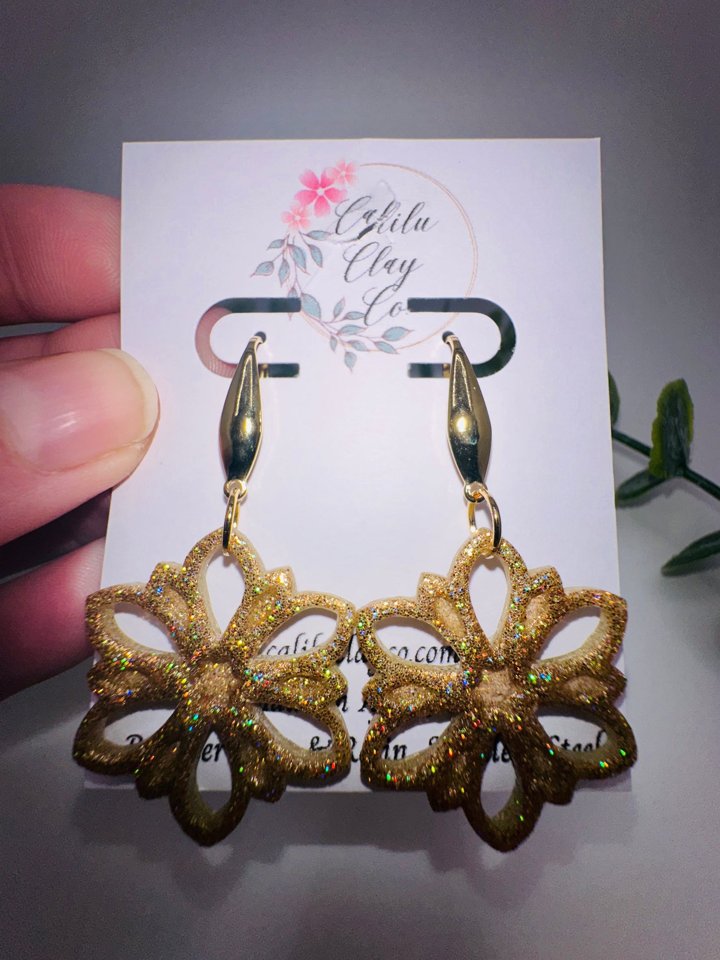 Holographic Sparkly Gold Flower Snowflake Dangles
