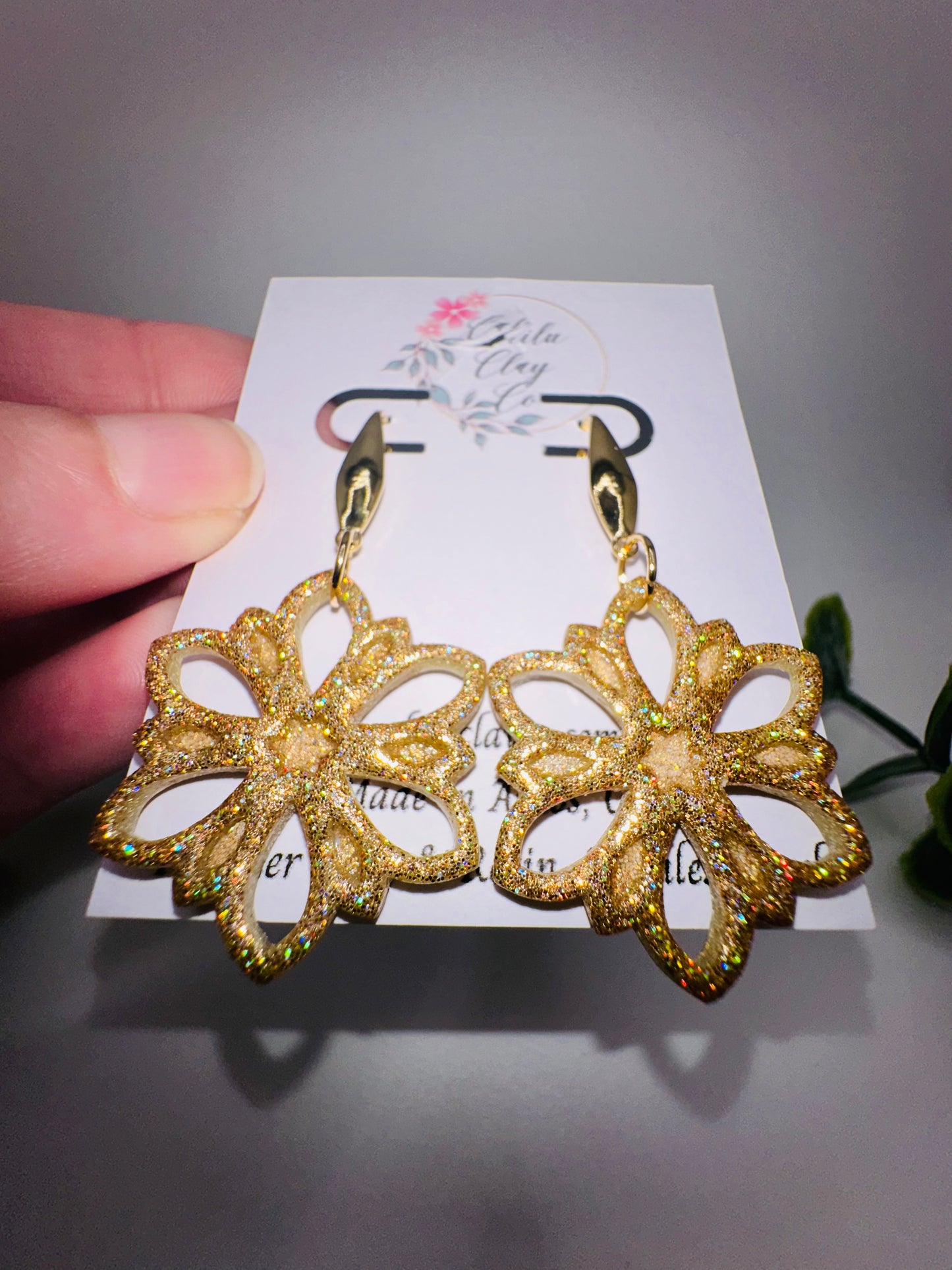 Holographic Sparkly Gold Flower Snowflake Dangles