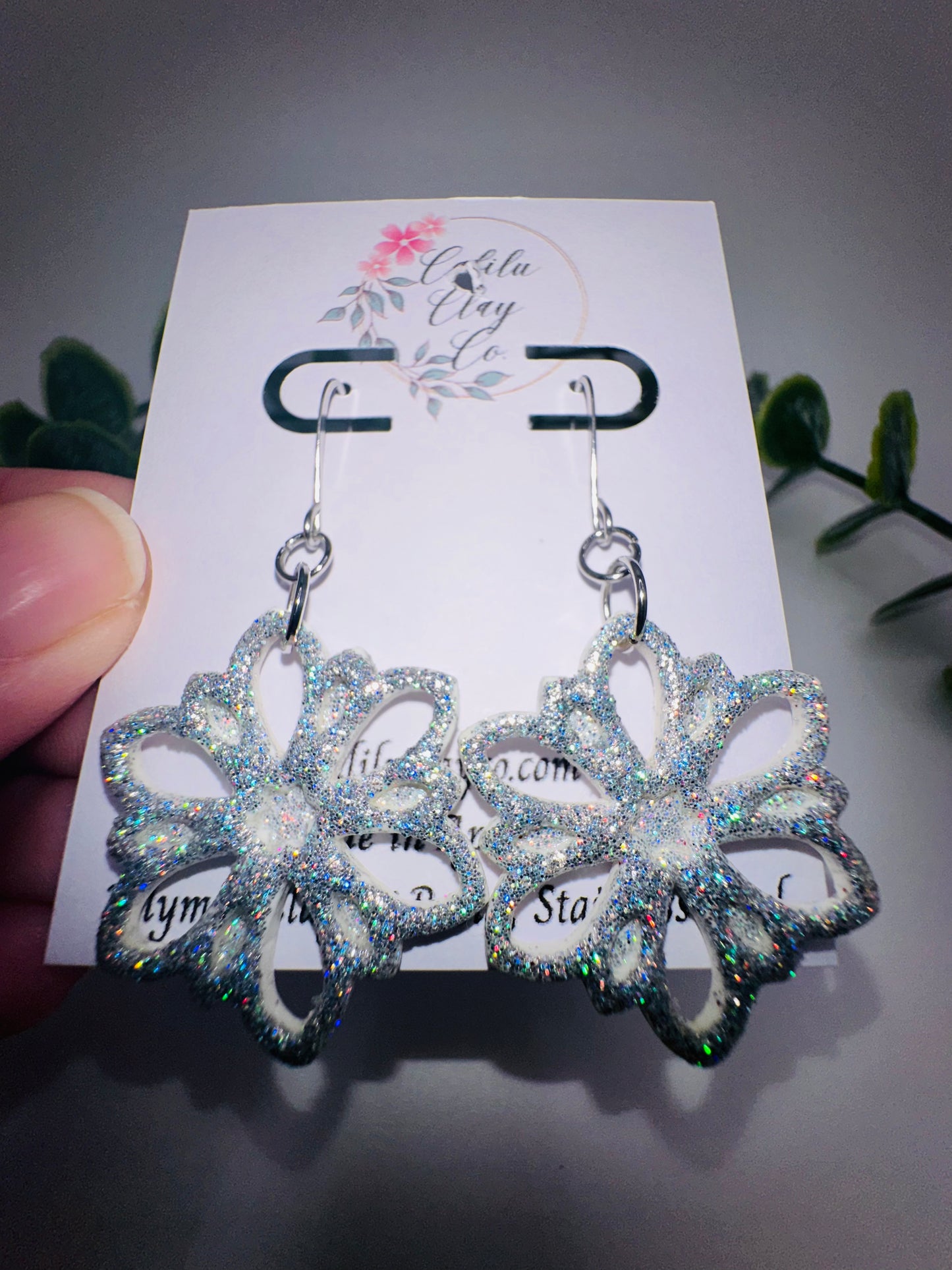 Holographic Sparkly White/Silver Flower Snowflake Dangles