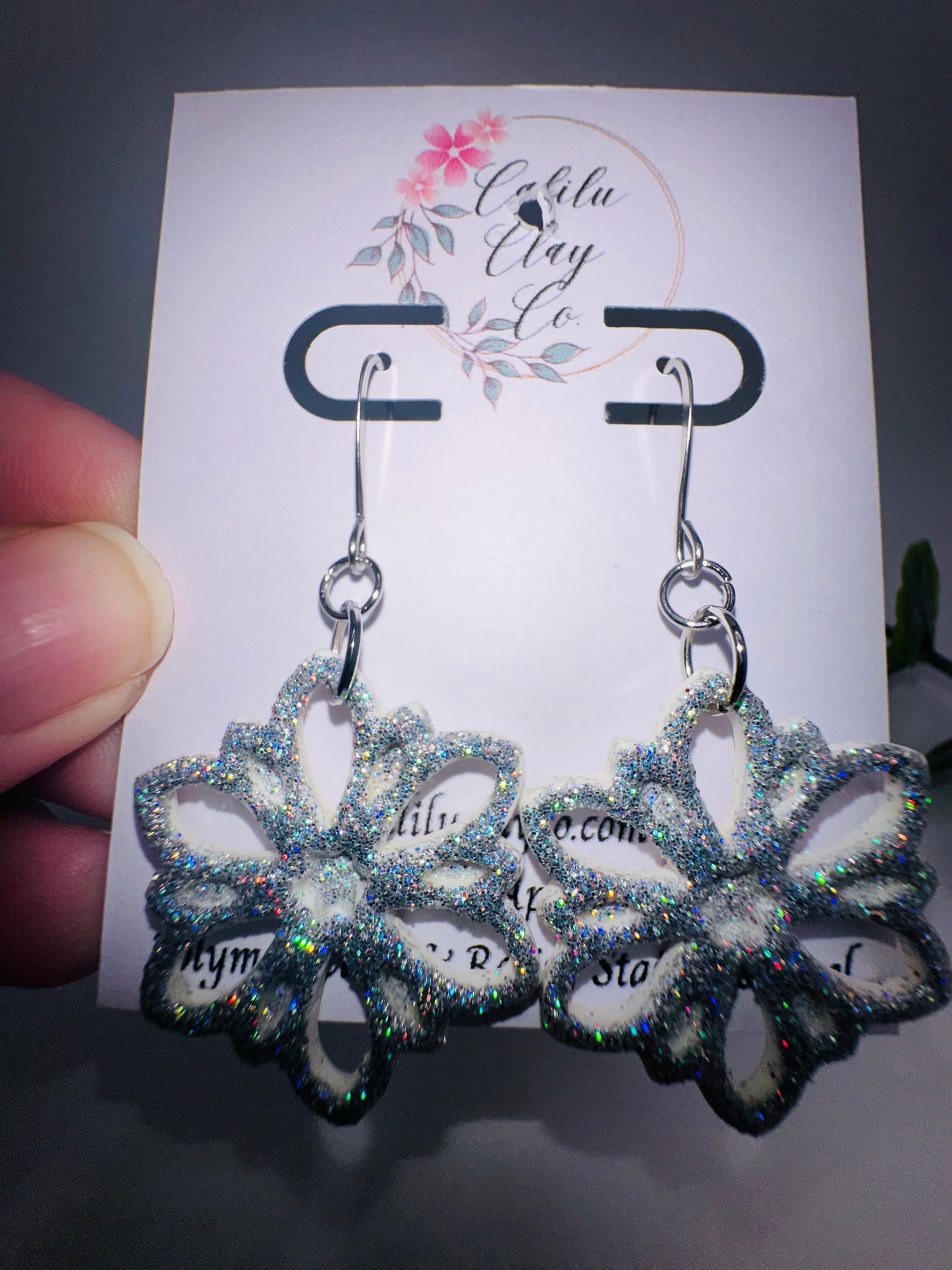 Holographic Sparkly White/Silver Flower Snowflake Dangles