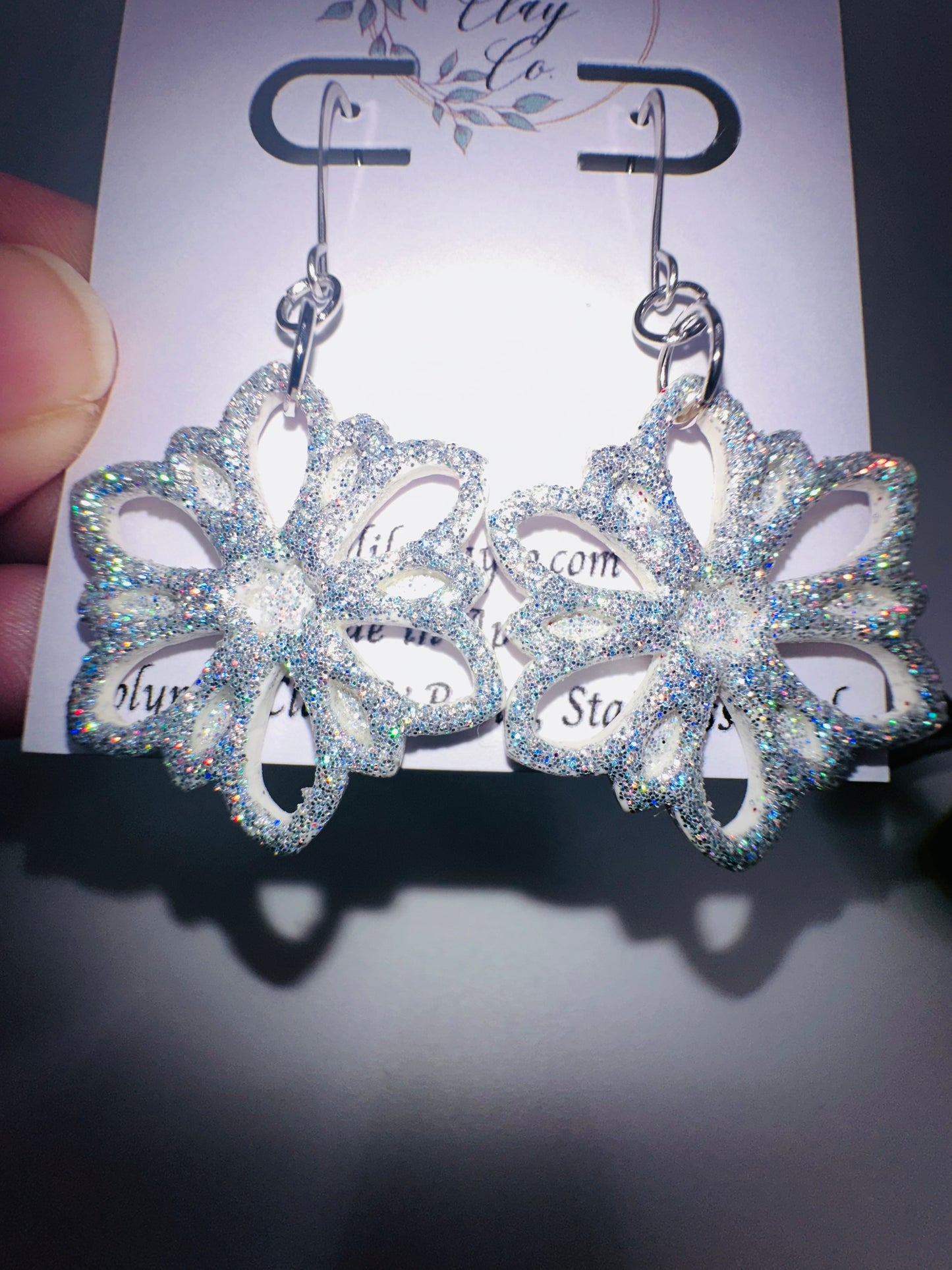 Holographic Sparkly White/Silver Flower Snowflake Dangles