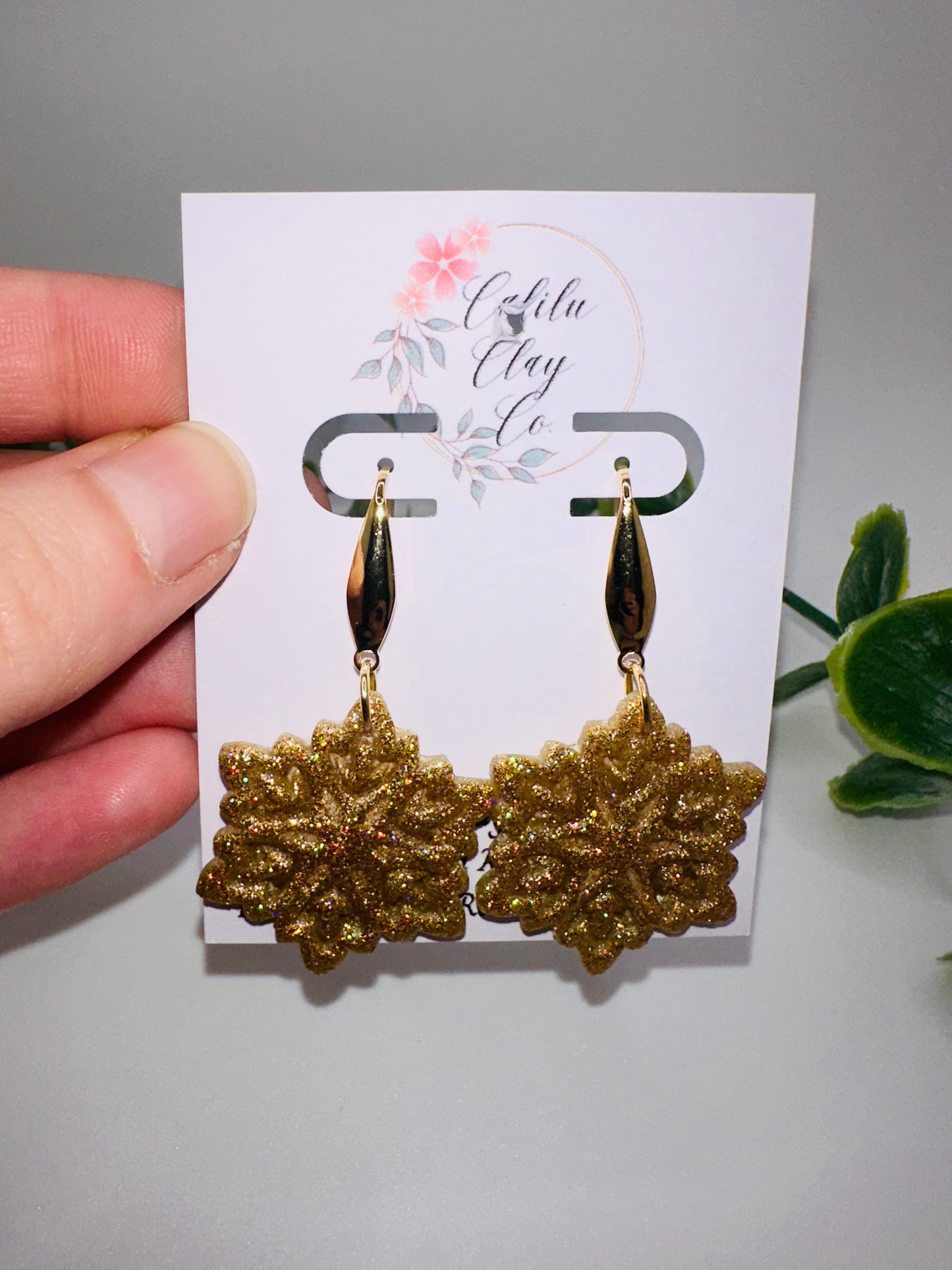 Holographic Sparkly Gold Snowflake Dangles