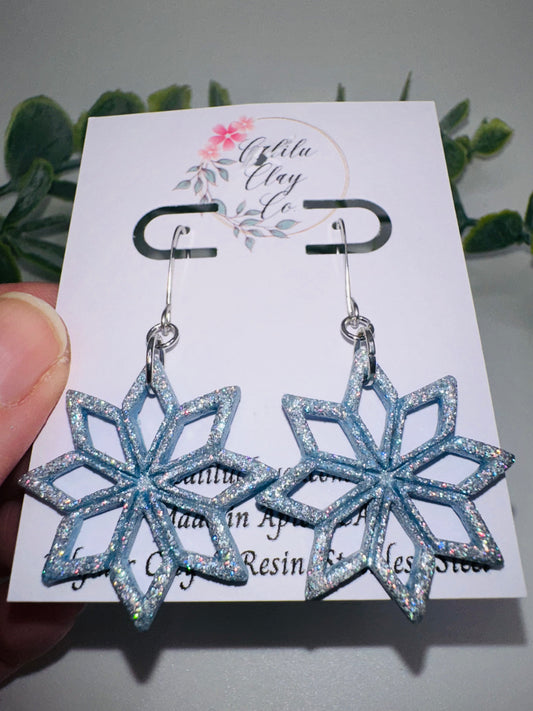 Silver/Blue Holographic Pointy Snowflake Dangles