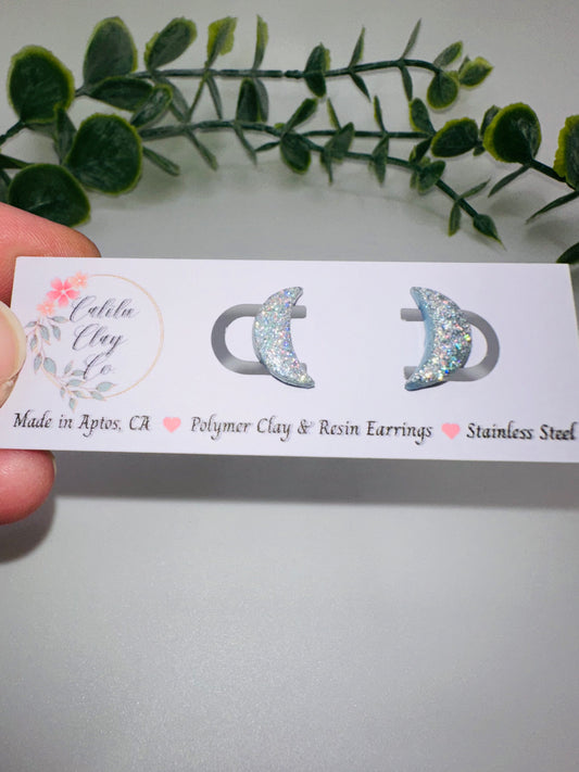 Silver/Blue Holographic Glitter Crescent Moon Studs / Post Earrings