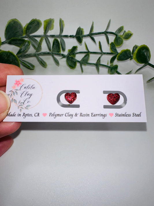 Tiny Red Holographic Glitter Heart Studs / Post Earrings