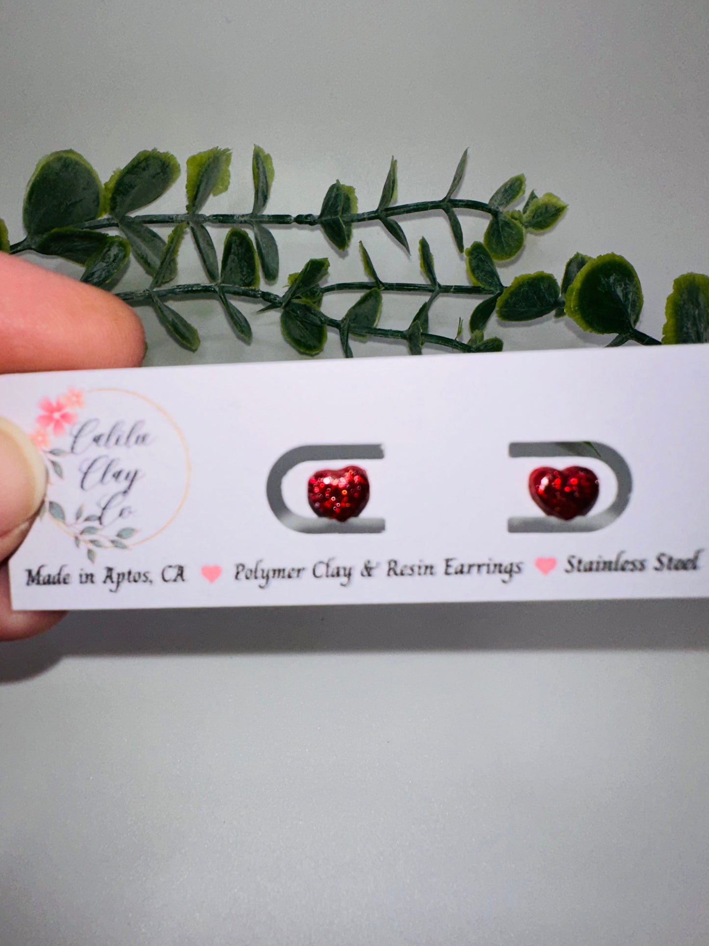 Tiny Red Holographic Glitter Heart Studs / Post Earrings