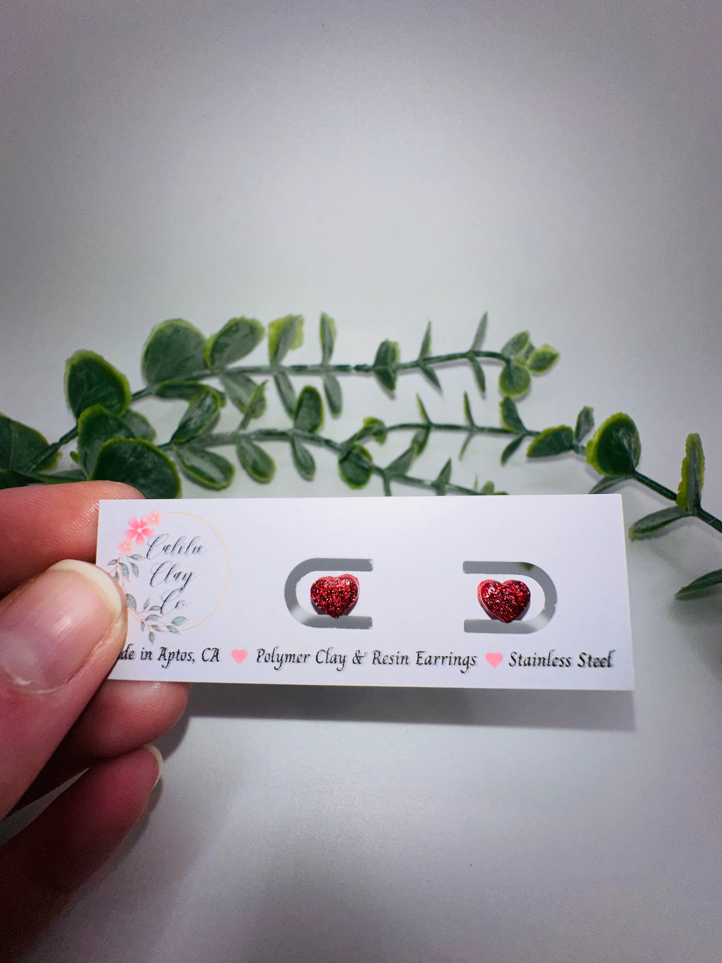 Tiny Red Holographic Glitter Heart Studs / Post Earrings