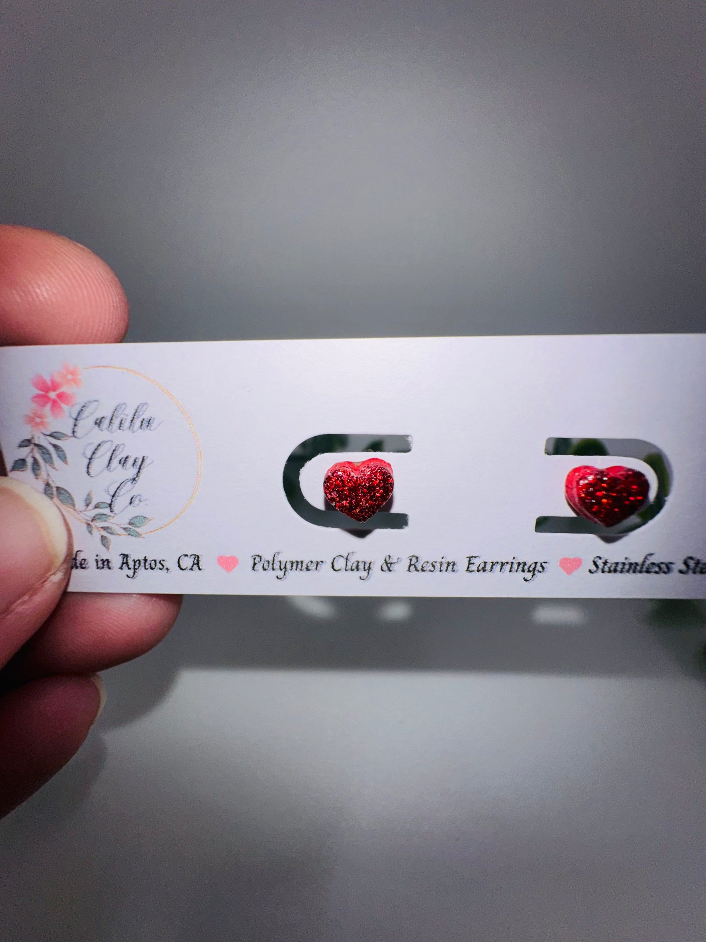 Tiny Red Holographic Glitter Heart Studs / Post Earrings