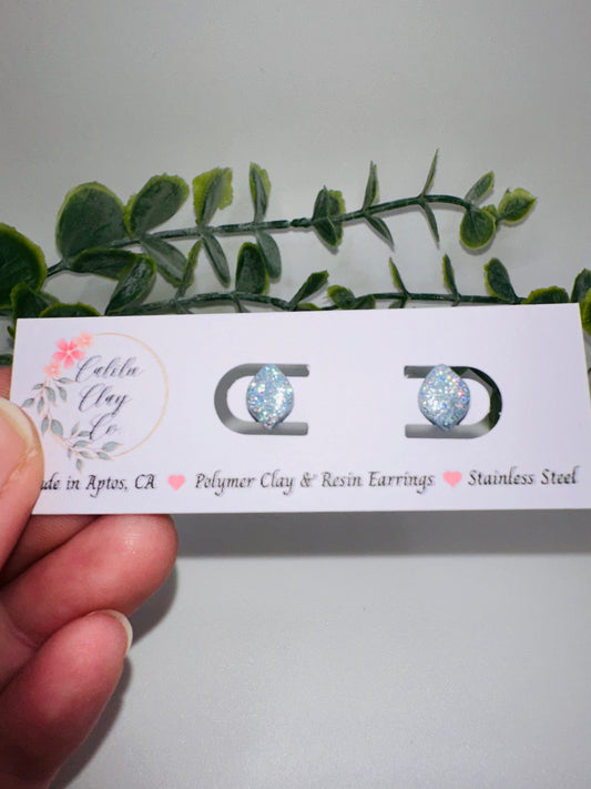 Tiny Silver/Winter Blue Holographic Glitter Rounded Diamond Studs / Post Earrings