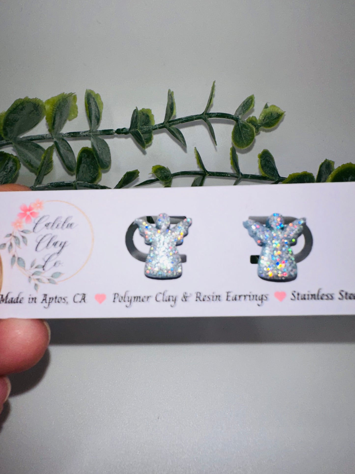 Silver/Winter Blue Holographic Glitter Angel Studs / Post Earrings