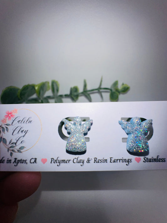 Silver/Winter Blue Holographic Glitter Angel Studs / Post Earrings