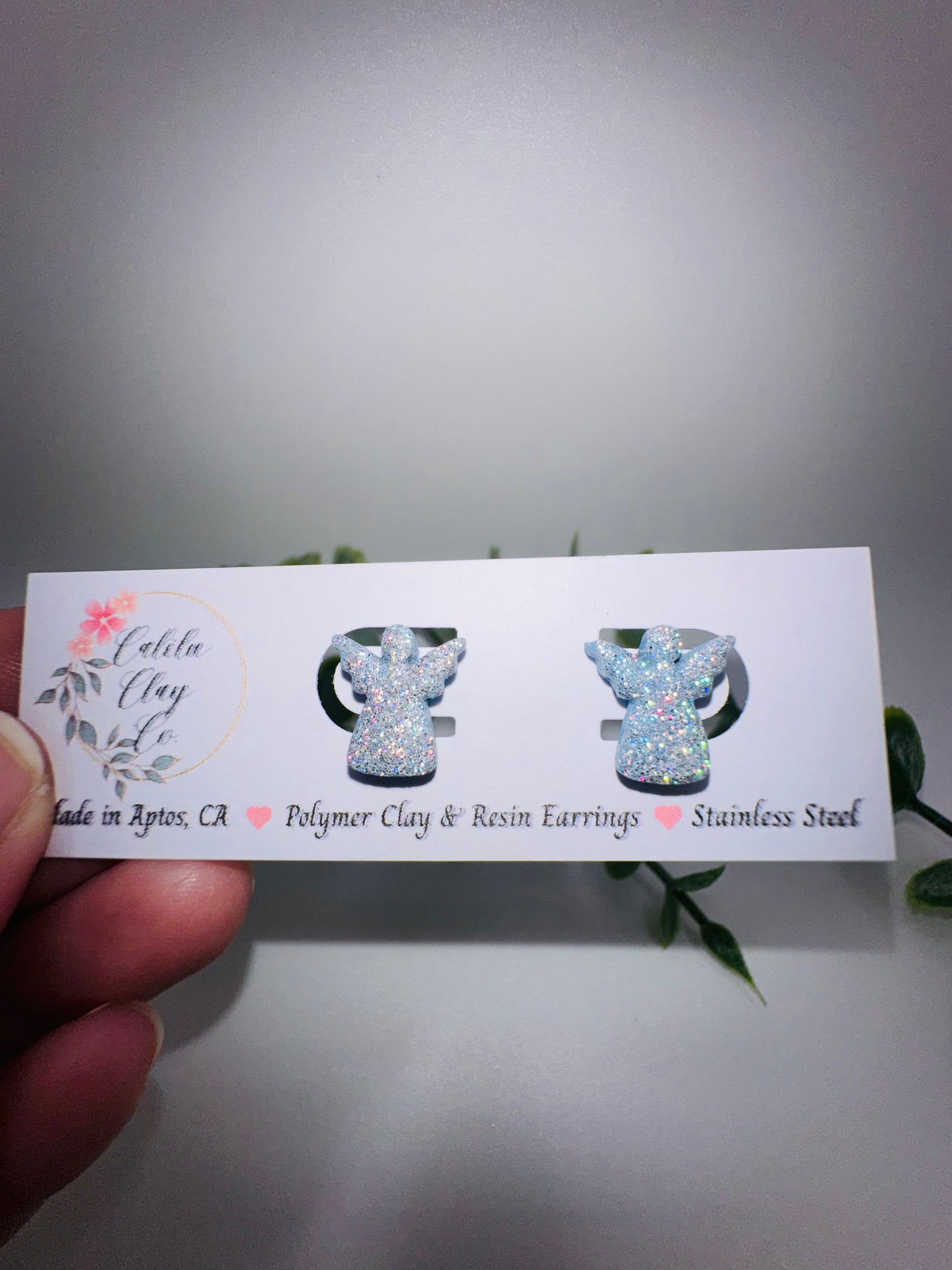 Silver/Winter Blue Holographic Glitter Angel Studs / Post Earrings