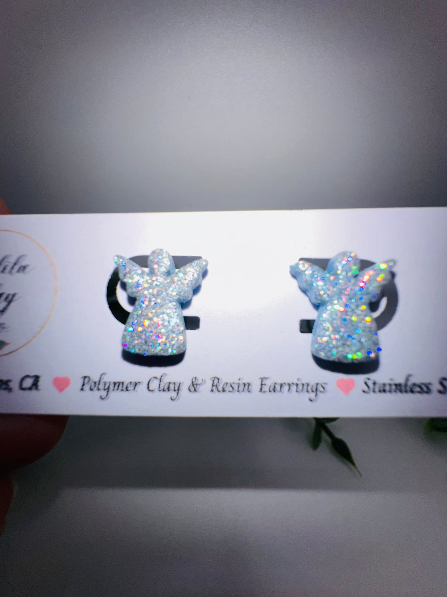 Silver/Winter Blue Holographic Glitter Angel Studs / Post Earrings