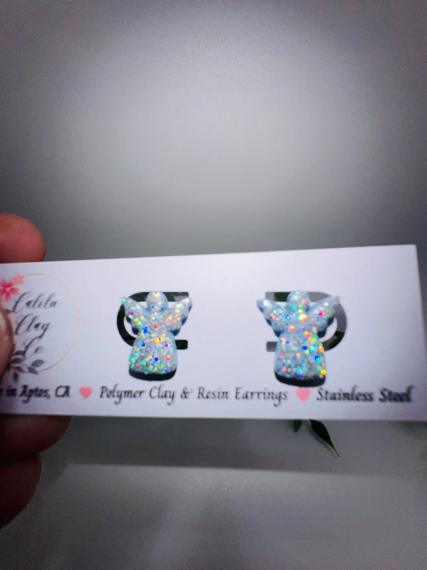 Silver/Winter Blue Holographic Glitter Angel Studs / Post Earrings