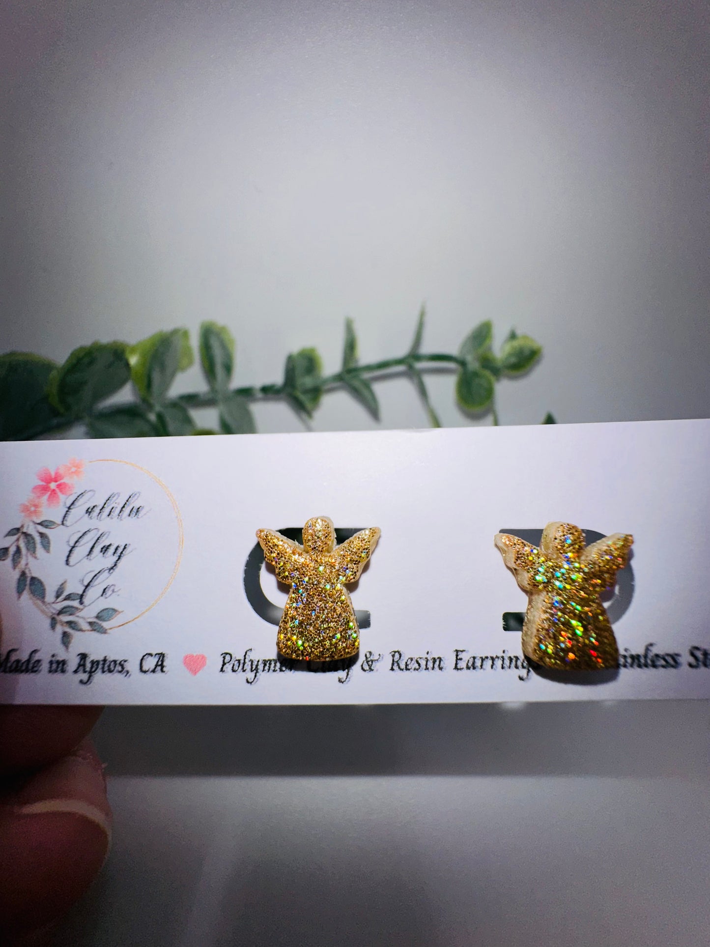 Gold Holographic Glitter Angel Studs / Post Earrings