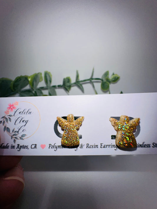 Gold Holographic Glitter Angel Studs / Post Earrings