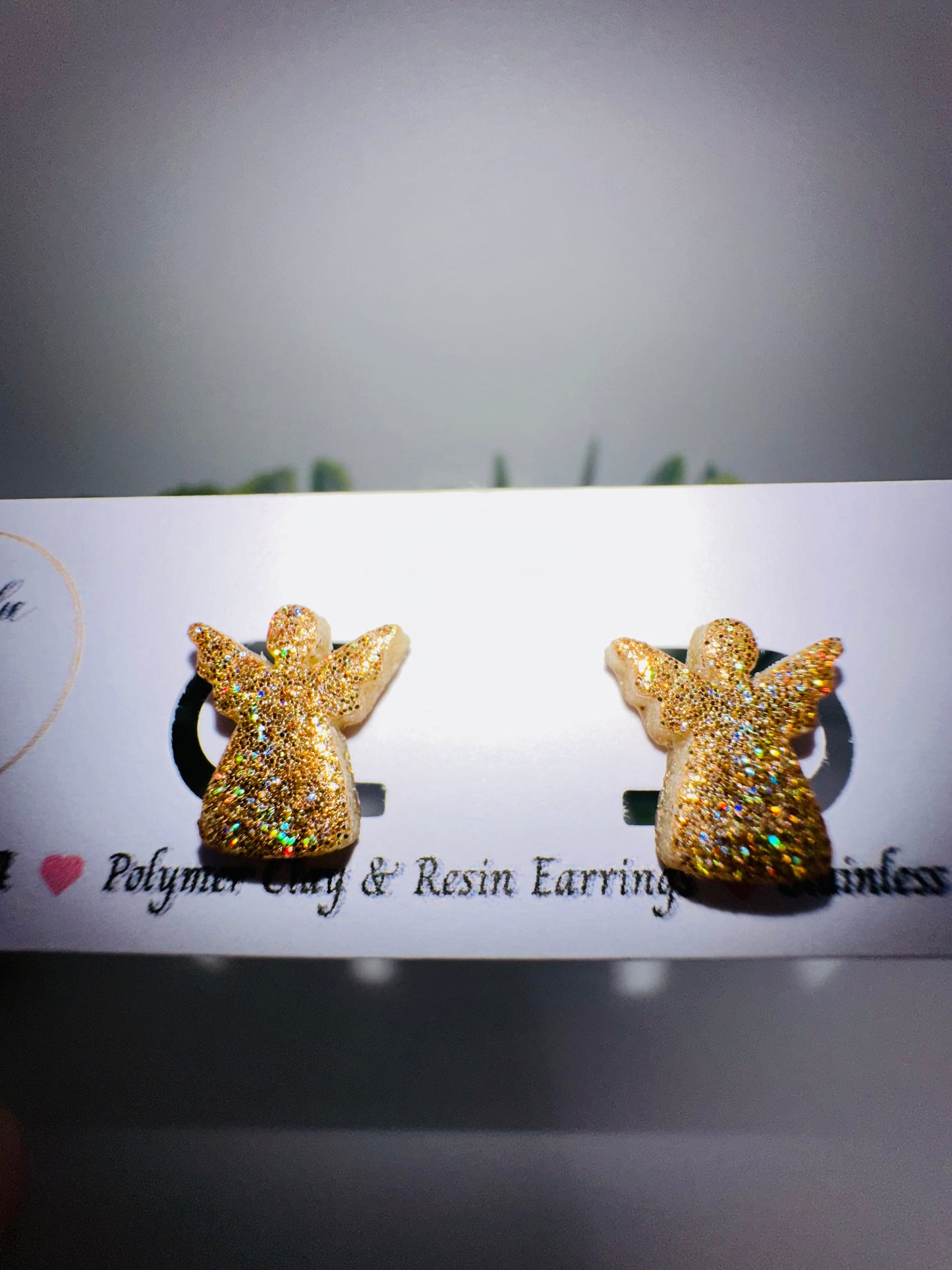 Gold Holographic Glitter Angel Studs / Post Earrings