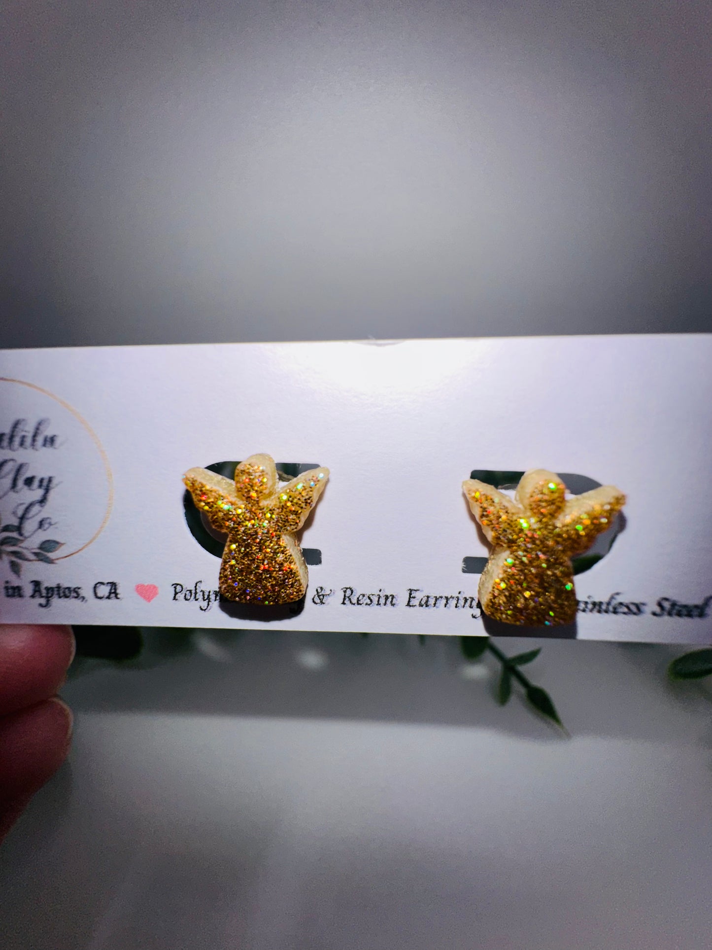 Gold Holographic Glitter Angel Studs / Post Earrings