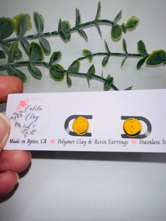 Yellow Hand-Sculpted Rose Studs / Post Earrings