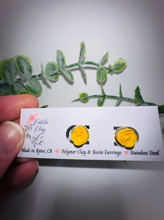 Yellow Hand-Sculpted Rose Studs / Post Earrings